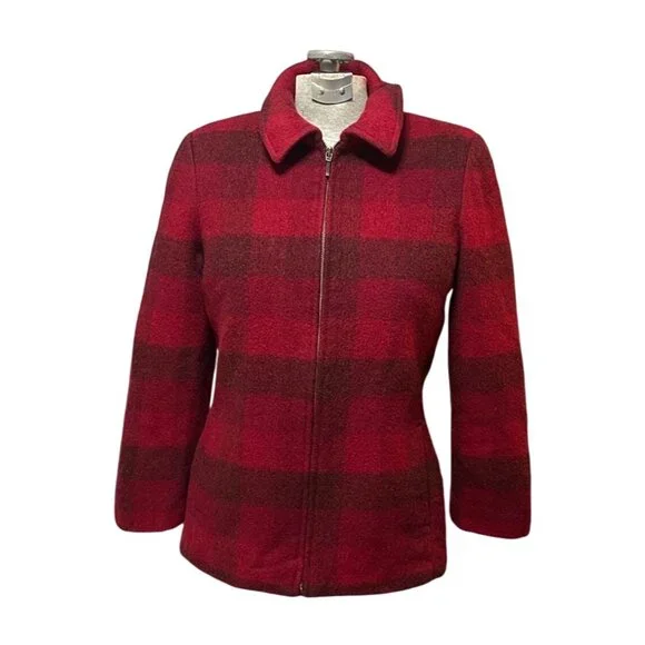 Eddie Bauer Womens Red & Black Plaid Fitted Wool Zipper jacket Small Cabincore - Picture 3 of 11